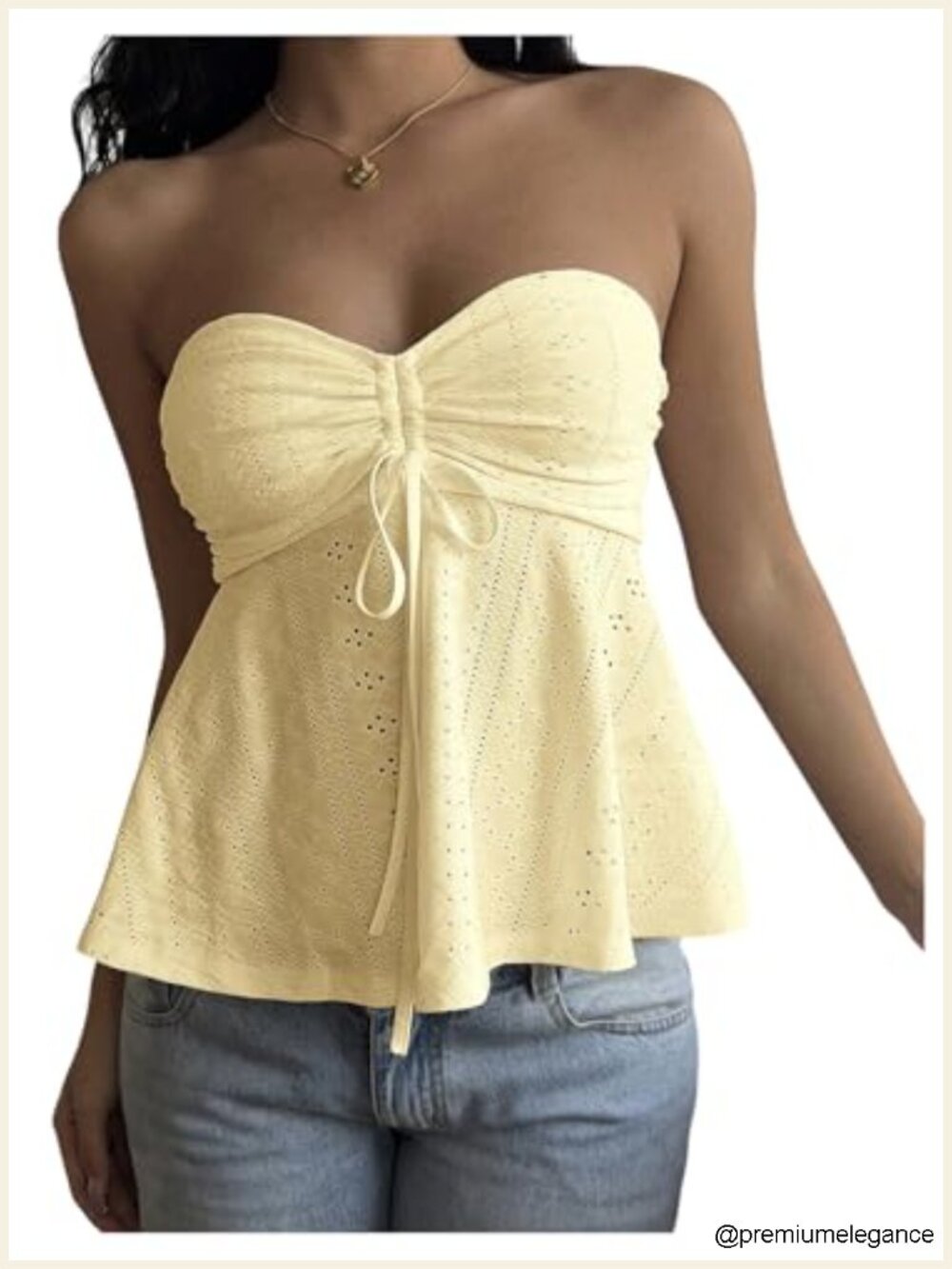 Women Eyelet Tie Front Strapless Babydoll Top Y2K Summer Ruffle Peplum Tank